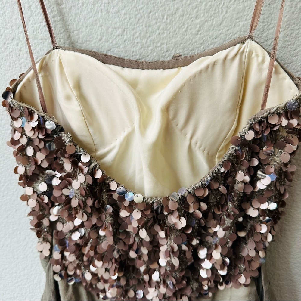 Scala Strapless Taupe Gray Sparkle Sequin Silk Ru… - image 7
